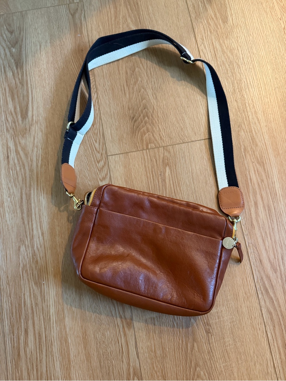 Clare V Leather Crossbody in Cognac with Navy & Cream Strap